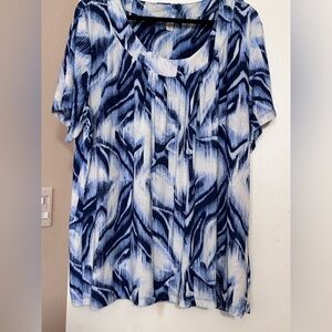 JM Collection Navy and White Blouse and triple Strand Bead Necklace sz 3X